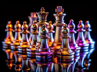 Chess pieces on a reflective mirror board, night shot.
