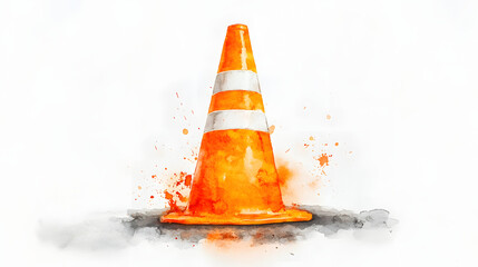 Light watercolor painting of traffic cone with warm orange tones and splashes