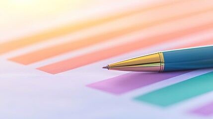 close-up of pen resting on printed financial chart with vibrant bar colors captured in bright natural light