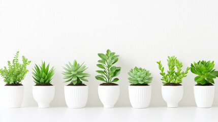 Fototapeta premium Succulent plants in white pots arranged on a clean, bright shelf