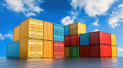 Colorful shipping containers stacked against a blue sky with clouds.