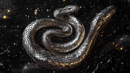 Metallic Snake Coiled Against Starry Cosmic Background
