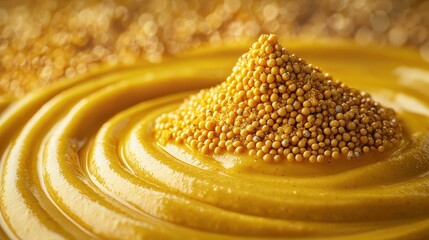 Swirling mustard sauce blending with fresh ground mustard seeds in vibrant texture