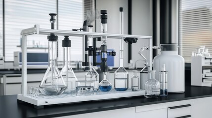 Laboratory setup with various glassware and beakers, showcasing scientific equipment in a modern research environment.