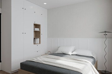 Canvas frame on the white room interior,minimal bedroom interior mock up, empty white wall,