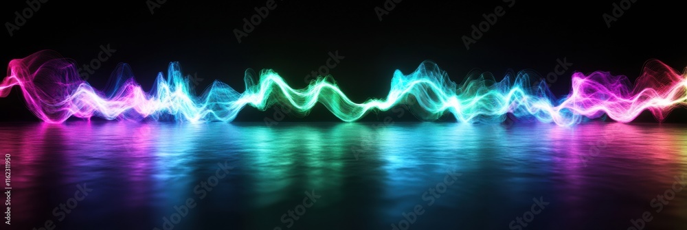 Leinwandbilder 3d neon glow light waves pulsating in vibrant colors across a reflective dark surface. generative ai