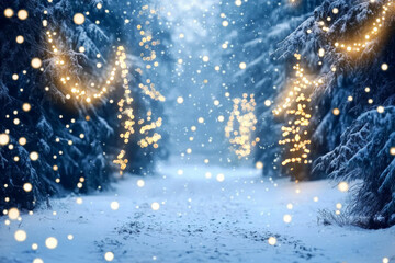 Winter forest pathway adorned with glowing lights and falling snow