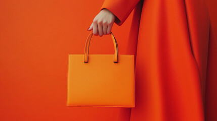 female hand holding orange  handbag   , luxury lady's bag , Fashion Ladies Accessories , Leather Satchel , orange background