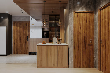 Wooden kitchen interior in contemporary house