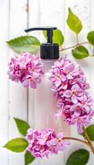 Bathroom dispenser, toilet soap and lilac inflorescences. Concept for spa, beauty and health salon, cosmetics store. Close up photo on white wooden background, vibrant