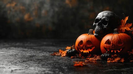 A spooky Halloween scene featuring carved pumpkins, autumn leaves, and a skull.