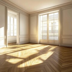 Fototapeta premium Bright, empty room with elegant wooden flooring and large windows casting shadows.