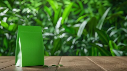 Green package on wooden table with lush background foliage.