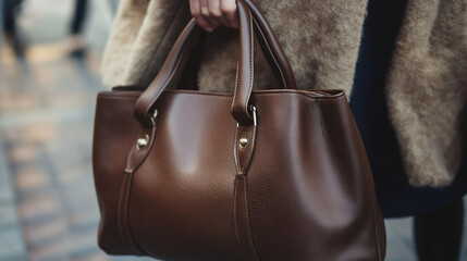 female hand holding brown handbag   , luxury lady's bag , Fashion Ladies Accessories , Leather Satchel 