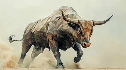 Majestic Polygonal Bull Charging Through Dust