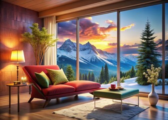 Fototapeta premium Cozy Mountain Chaise Lounge Interior - Tranquil Snowy View