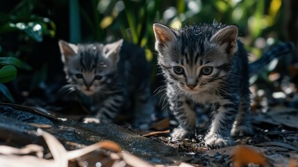 Kittens Exploring a Wet Jungle Environment