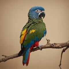 Naklejka premium A parrot with vibrant feathers perched on a branch, against a beige background.