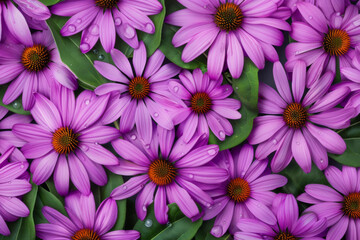 Vibrant purple daisies with green leaves creating a colorful floral display