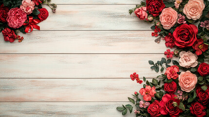 Red roses on light wooden background. Engagement, wedding or Valentines day celebration horizontal banner
