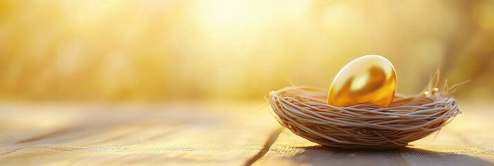 Obraz premium Close up of a Golden Egg Nestled in a Wicker Basket Under Soft Natural Light