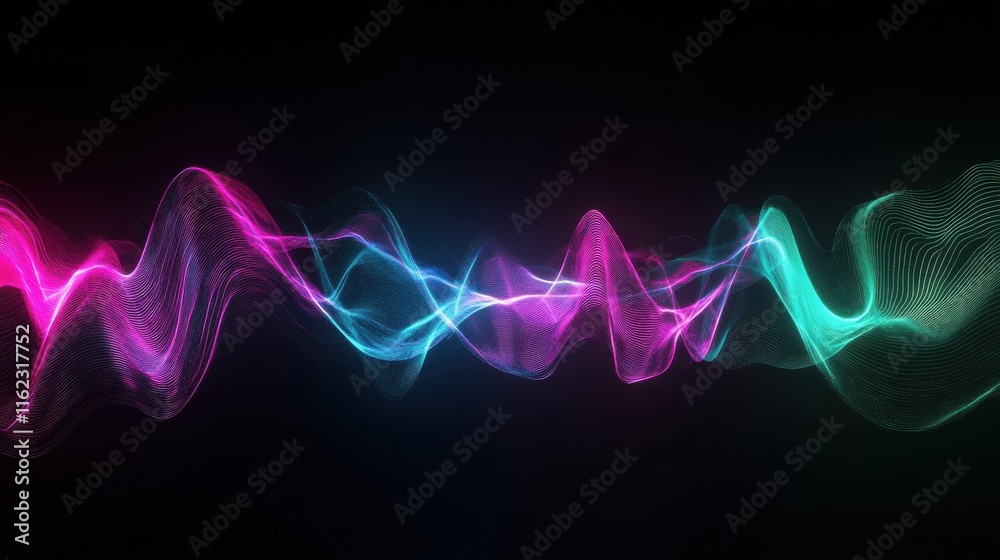 Aufkleber Colorful 3D oscillating light waves create a mesmerizing neon glow in a dark setting. Generative AI