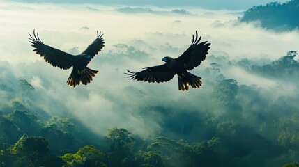 Fototapeta premium Majestic Birds Soaring Through Misty Jungle Skies