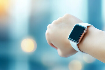 Smartwatch Displaying Step Count With Blurred Urban Background in a Vibrant City Environment