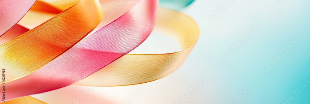 Poster brightly colored ribbons create whimsical patterns around a maypole under a soft spring sky