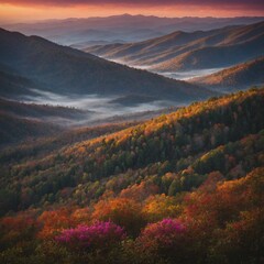 Create a stunning landscape scene of the Smoky Mountains at sunset. The sky is filled with vibrant hues of orange, pink, and purple as the sun dips below the mountain peaks. 