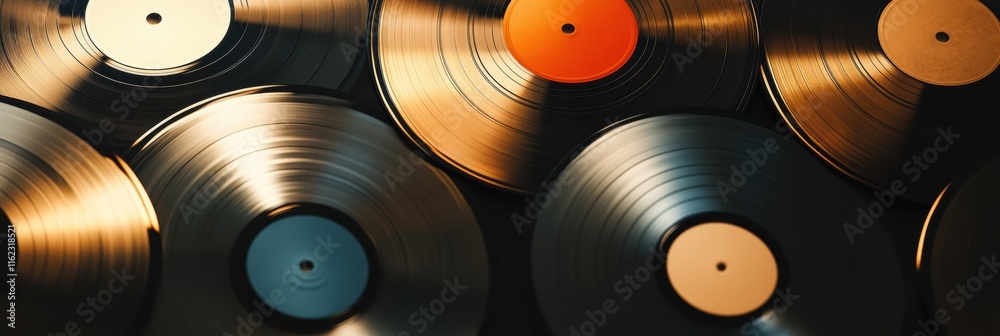 Leinwandbilder Vintage vinyl records arranged artistically with ample copy space for text and design elements in soft lighting. Generative AI