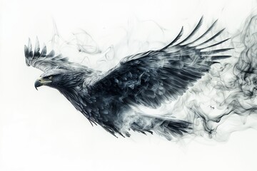 Fototapeta premium Powerful eagle in flight surrounded by swirling black smoke on a light background 