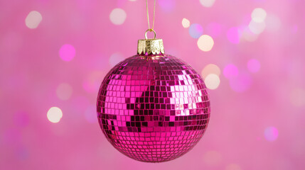 Obraz premium Bright pink disco ball ornament sparkling against a festive backdrop
