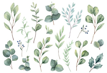 Watercolor vector set with green eucalyptus leaves and branches. Greenery clipart for wedding invitation, greeting cards, save the date, stationery design. Hand drawn illustration.