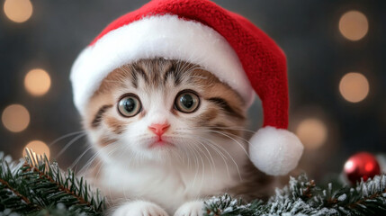 Obraz premium Cute kitten wearing a Santa hat with festive background during Christmas
