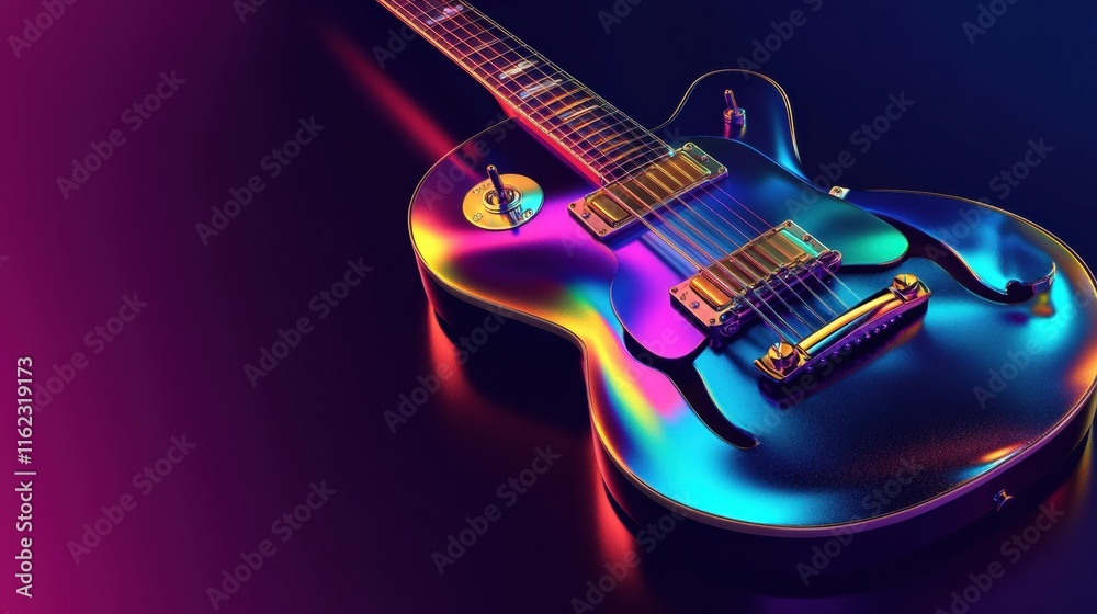 Poster Vibrant 3D guitar with colorful reflections displayed on a dark surface in an artistic setting. Generative AI