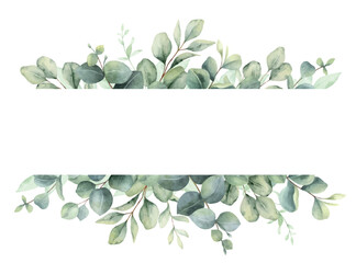 Watercolor vector banner with green eucalyptus leaves and branches. Greenery clipart for wedding invitation, greeting cards, save the date, stationery design. Hand drawn illustration.