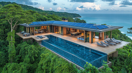 Obraz premium modern home with solar panels, surrounded by lush greenery and ocean views, features stunning infinity pool and spacious outdoor area, perfect for relaxation