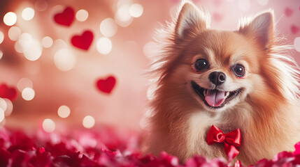 Obraz premium Valentines day mood - love vibes - happy funny cute pomeranian dog puppy with red ribbon bow ion red roses and bokeh background.. Horizontal banner.