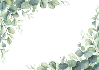 Watercolor vector frame corner border with green eucalyptus leaves and branches. Greenery clipart for wedding invitation, greeting cards, save the date, stationery design. Hand drawn illustration.