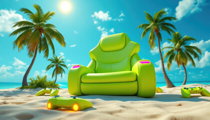 4k HD Wallpapers of A 3D rendering of a beach scene with a bright green chair, palm trees, and a sunny sky. Video game wallpaper