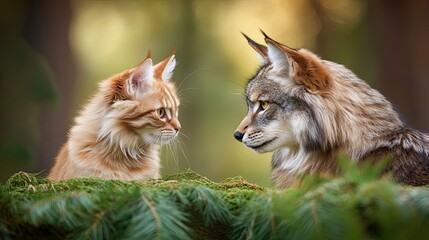 Fototapeta premium Encounter in the Wilderness as a Giant Maine Coon Cat and Home Kitty