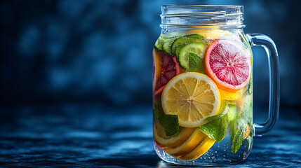 Fototapeta premium Refreshing fruit infused water pitcher with lemon, cucumber, and mint. This vibrant drink is perfect for hydration and adds burst of flavor to any occasion