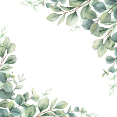 Watercolor vector frame corner border with green eucalyptus leaves and branches. Greenery clipart for wedding invitation, greeting cards, save the date, stationery design. Hand drawn illustration.