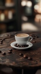 Vertical photo of a cup of delicious coffee with coffee beans on a rustic wooden table, evoking warmth, aroma, and a cozy atmosphere