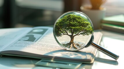 A detailed image of a tree under a magnifying glass with a green globe behind it, symbolizing eco-friendly business ventures, sustainability financing, and carbon credits in a modern office setting.