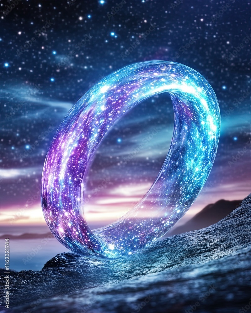 Poster exploring finite universe shapes through a cosmic ring of stars and galaxies under a starlit sky