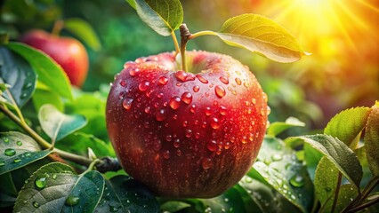 Obraz premium Dew-kissed red apple, close-up; nature's vibrant detail.