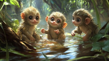 Playful Animals in a Lush Jungle Scene