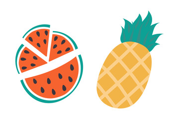 Various watermelon slices with seed and pineapple with leaves in trendy doodle minimalist Set 2 icon